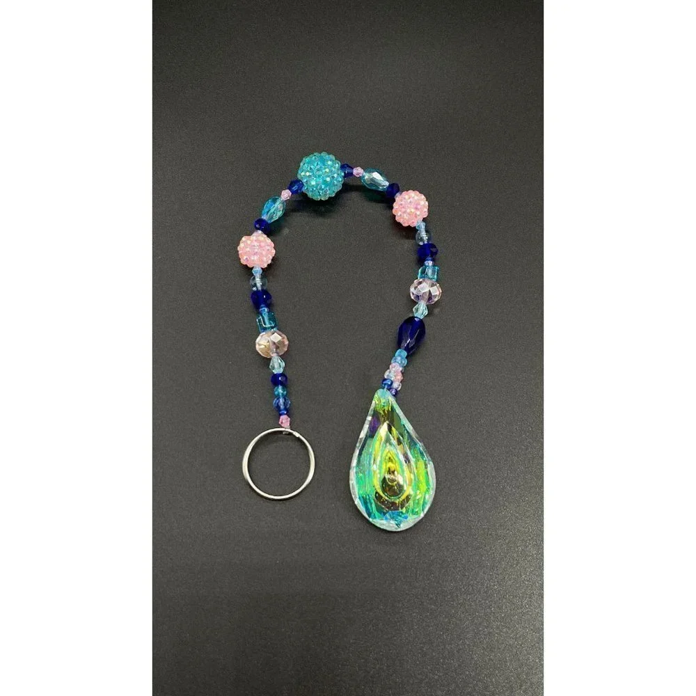 Beaded Suncatcher - Blue Pink - Clear Crystal Prism - Hanging Decor Yard Art